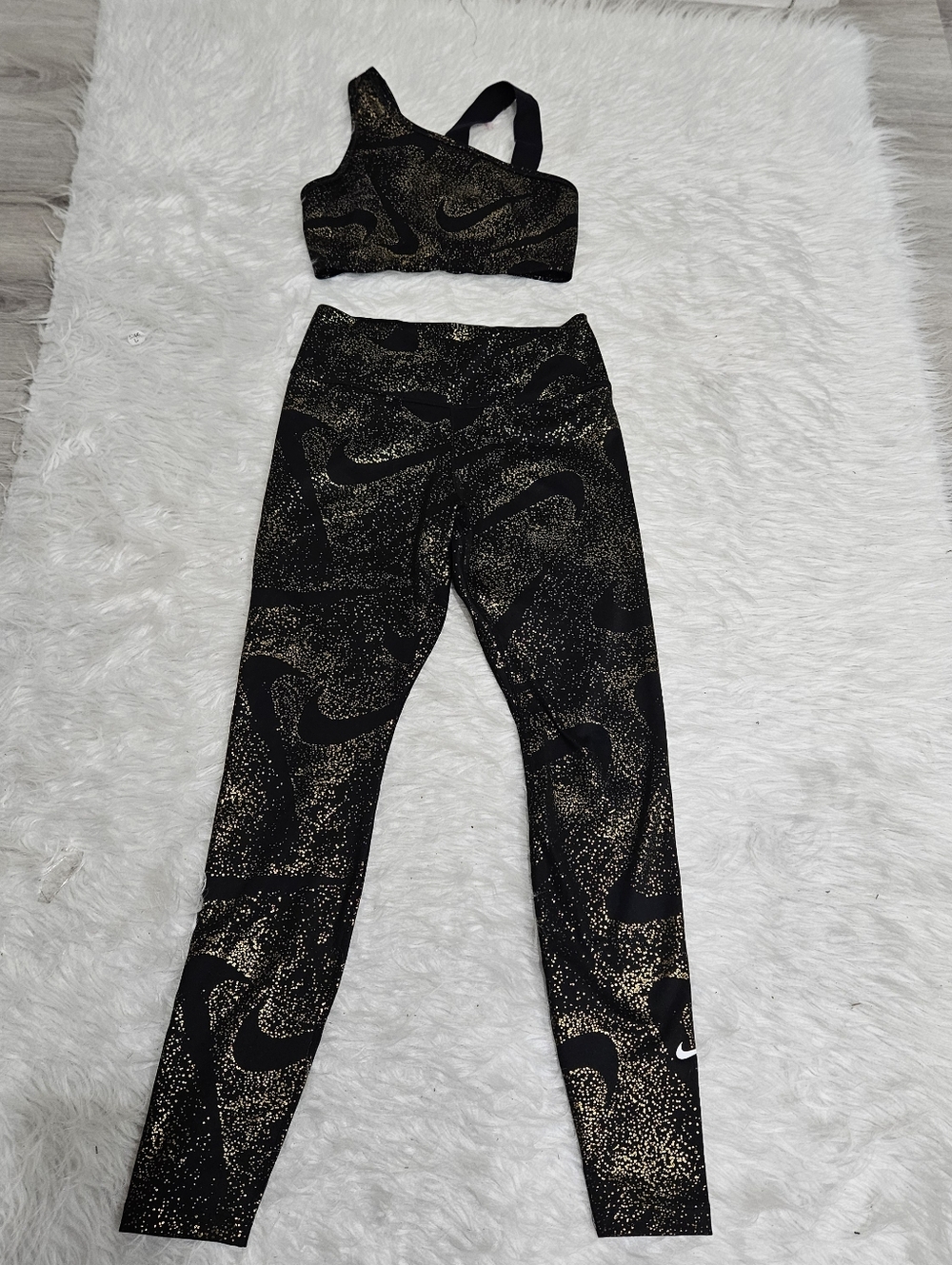 Nike Women's Black & Gold Speckle High-Waist Leggings with Asymmetric Sports Bra